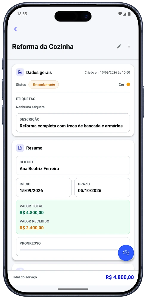 Tela de orçamentos e serviços